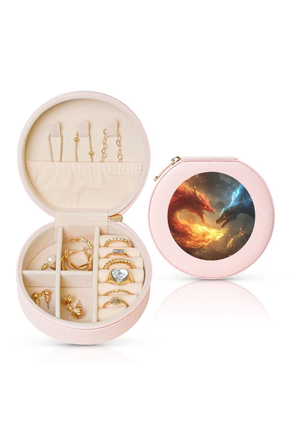 Red And Blue Fire Dragon B Round Jewelry Box, Travel Jewelry Organizer, 3.9 x 3.9 x 2in Jewelry Storage Box for Women-Pink