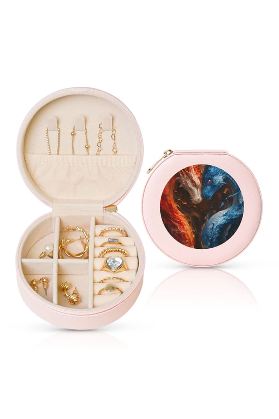 Red And Blue Fire Dragon F Round Jewelry Box, Travel Jewelry Organizer, 3.9 x 3.9 x 2in Jewelry Storage Box for Women-Pink
