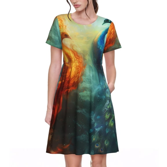 Naloa Red And Blue Fire Peacock Print Womens Summer A-Line Dress with Pockets,Short Sleeve Dresses,Flowy Beach Swing Dress for Vacation Travel