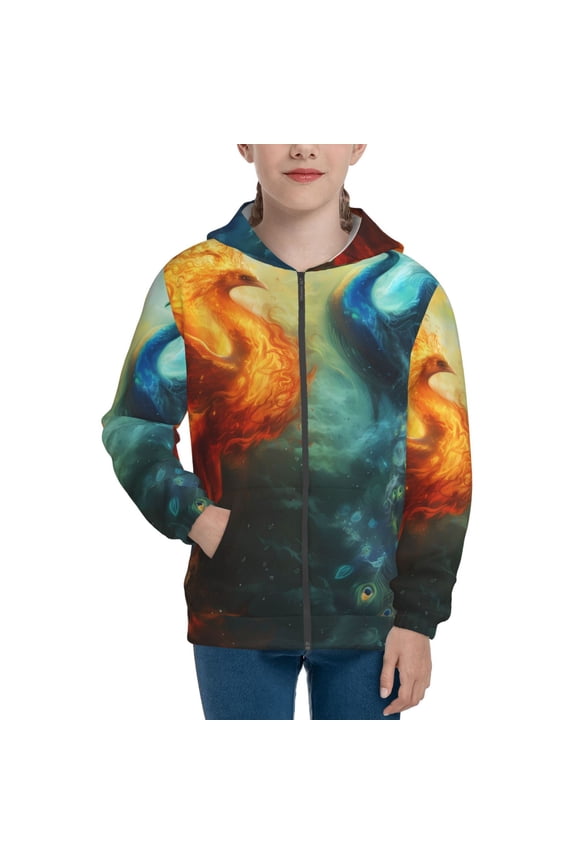 Red And Blue Fire Peacock Teenage Zipper Hoodie, Long Sleeve Zip Up Hoodies Casual Jackets Tops for 7-12 Years-Small