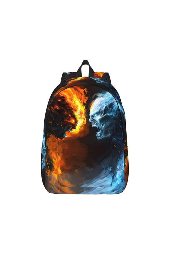 Red And Blue Fire Skull Warrior Canvas Backpack for Men Women Rucksack Casual Travel Daypack College Tote Satchel Bookbag for Teens-Small