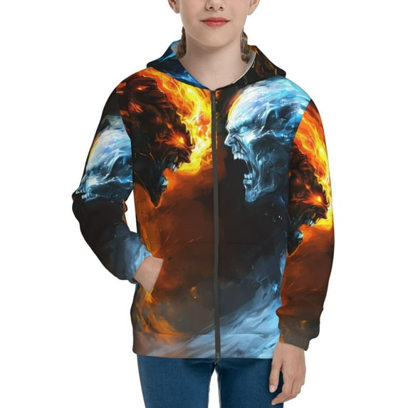Naloa Red And Blue Fire Skull Warrior Teenage Zipper Hoodie, Long Sleeve Zip Up Hoodies Casual Jackets Tops for 7-12 Years-Small