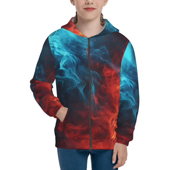 Naloa Red And Blue Fire Teenage Zipper Hoodie, Long Sleeve Zip Up Hoodies Casual Jackets Tops for 7-12 Years-Medium