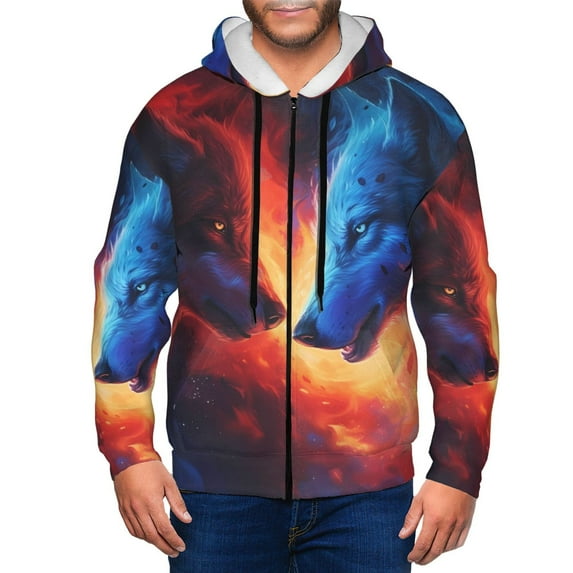 Naloa Red And Blue Fire Wolf Men’s Hoodies, Zip up Hoodie, Sweatshirts,Hoodies for Men Sizes S-3XL-X-Large