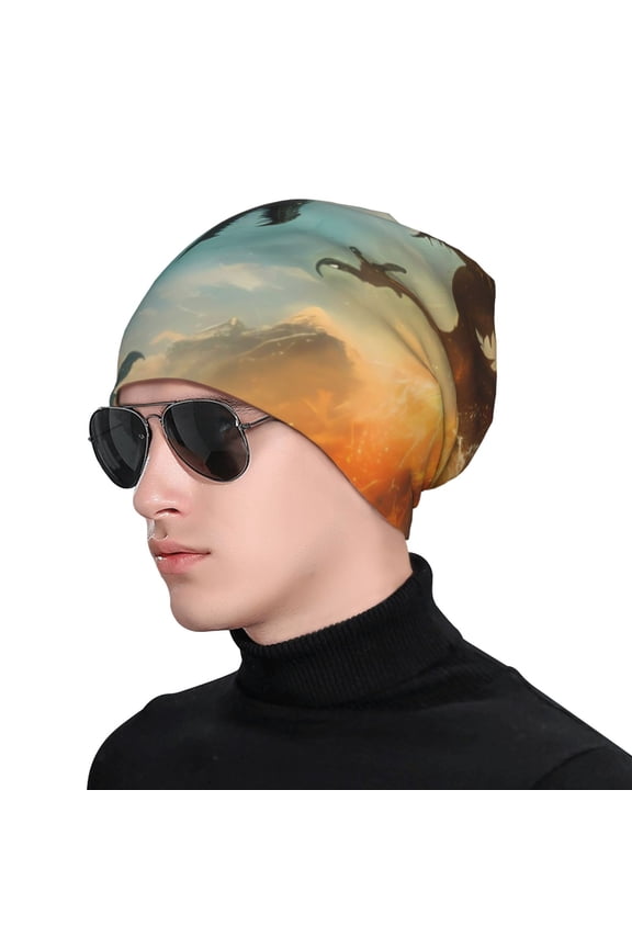 Red And Blue Flame Wave Dragon Soft Beanie Hat, Knit Beanie Daily Beanie in Fine Knit for Women Men Winter Travel, Outdoor