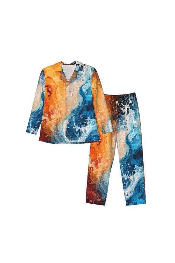 Red And Blue Waves Men’s Pajamas Set - Long Sleeve Button Down Sleep Shirt and Pajama Bottoms Sleepwear Set-XX-Large