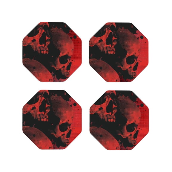 Naloa Red And Black Abstract Skull Leather Coasters for Drinks, Durable Drink Coasters 4 Set for Tabletop Protection, Luxurious Home Décor and Housewarming Gift ( {designName})Octagon