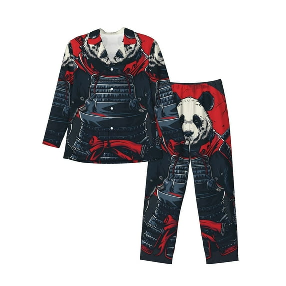 Naloa Red Black Eastern Panda Warrior Men’s Pajamas Set - Long Sleeve Button Down Sleep Shirt and Pajama Bottoms Sleepwear Set-Large
