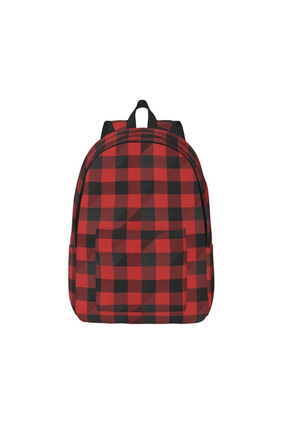 Red Black Plaid Canvas Backpack for Men Women Rucksack Casual Travel Daypack College Tote Satchel Bookbag for Teens-Medium