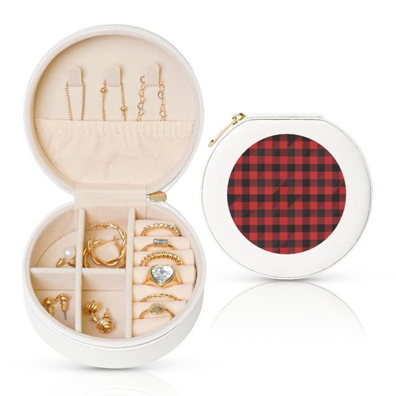Naloa Red Black Plaid Round Jewelry Box, Travel Jewelry Organizer, 3.9 x 3.9 x 2in Jewelry Storage Box for Women-White