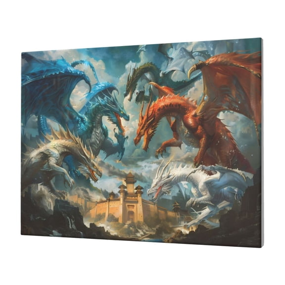Naloa Red Blue Dragon Battle Epic Print Canvas Picture,Wall Pictures, Modern Decorative Poster,Art Prints for Bedroom, Toilet, 40 x 30 cm, Built-in Wooden Frame