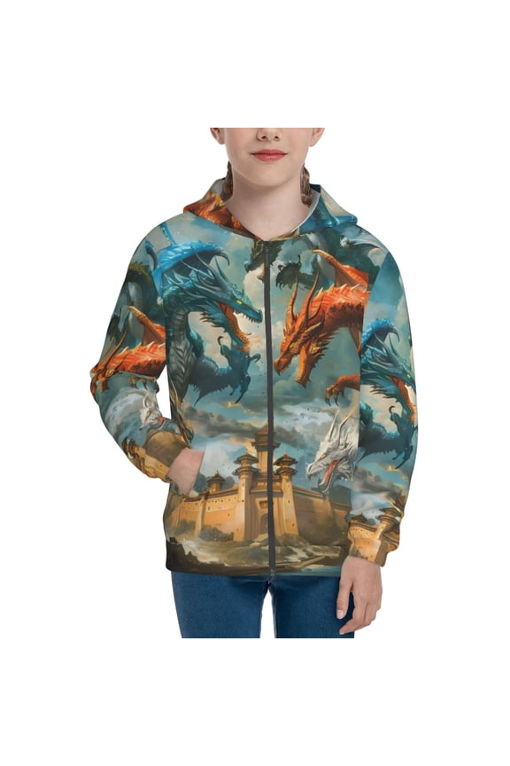 Red Blue Dragon Battle Epic Teenage Zipper Hoodie, Long Sleeve Zip Up Hoodies Casual Jackets Tops for 7-12 Years-