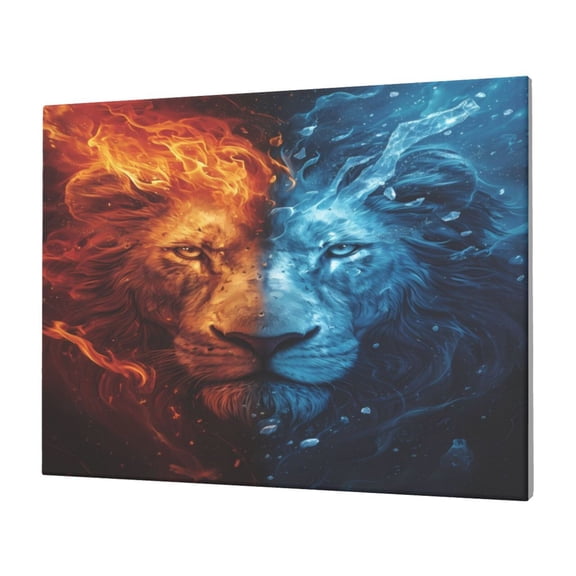 Naloa Red And Blue Fire Lion Print Canvas Picture,Wall Pictures, Modern Decorative Poster,Art Prints for Bedroom, Toilet, 40 x 30 cm, Built-in Wooden Frame