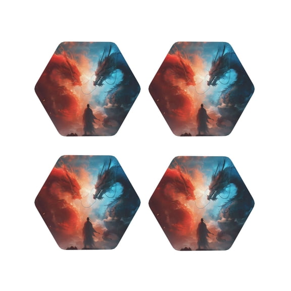 Naloa Red And Blue Sky Dragon Leather Coasters for Drinks, Durable Drink Coasters 4 Set for Tabletop Protection, Luxurious Home Décor and Housewarming Gift ( {designName})Hexagon