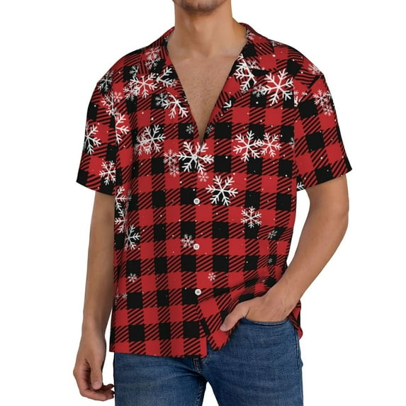 Naloa Red Buffalo Plaid Men's Loose Fit Cuban Collar Short-Sleeve Shirt, Hawaiian Shirts, Mens Shirts Casual for Everyday Wear Outings-XX-Large
