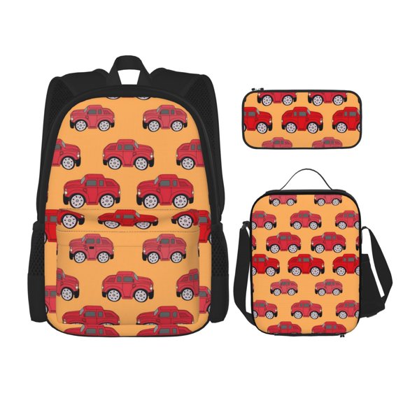 Naloa Red Cars Print Large Capacity Backpack Lunch Bag Pencil Case Combination 3 Piece Set for Student