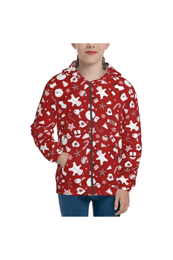 Red Christmas Cheer. Teenage Zipper Hoodie, Long Sleeve Zip Up Hoodies Casual Jackets Tops for 7-12 Years-Medium