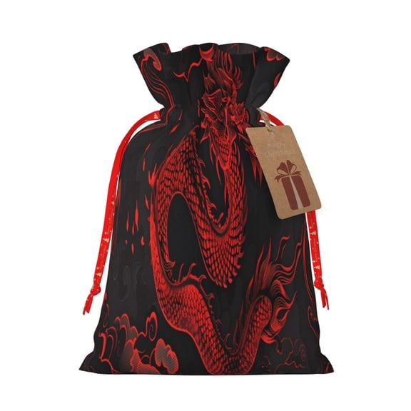 Naloa Red Dragon On Black Drawstring Christmas Bags, 3D Xmas Gift Bags, Christmas Wrapping Bags, Xmas Goodie Bags, Treat Pouch Bags, Party Favor Bags-Medium