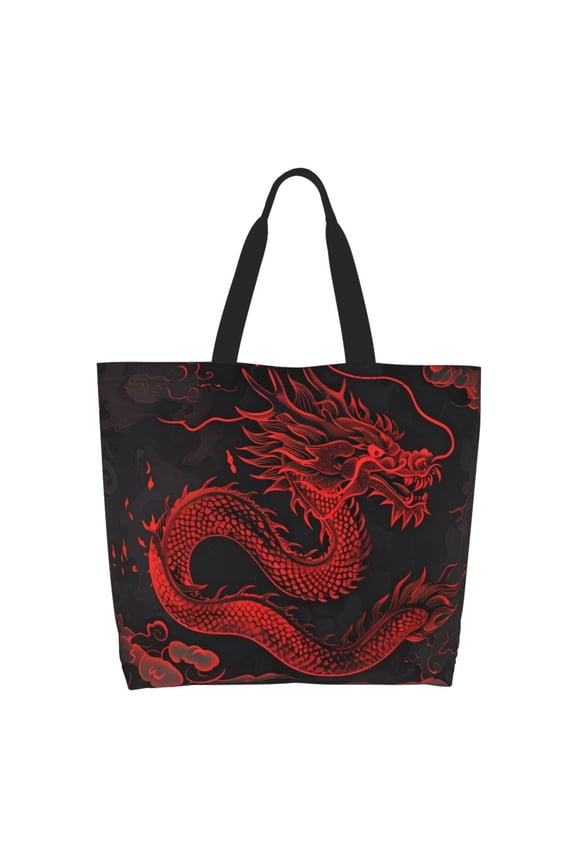 Red Dragon On Black Tote Bag for Women Large Capacity Shoulder Bag for College Work Travel Shopping