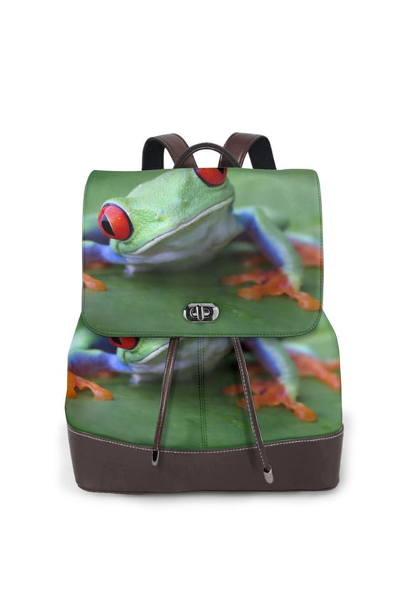Red-Eyed Tree Frog-1 Print Women's Leather Backpack,Travel Laptop Backpack,Fashion Ladies Leather Backpack Bag for Travel,Leather Drawstring Daypack for Me