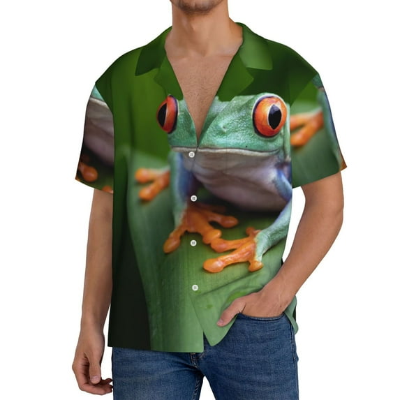 Naloa Red-Eyed Tree Frog Men's Loose Fit Cuban Collar Short-Sleeve Shirt, Hawaiian Shirts, Mens Shirts Casual for Everyday Wear Outings-XX-Large