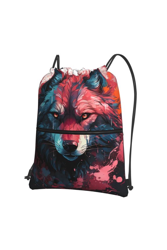 Red Flame Wolf Head Drawstring Backpack String Bag Cinch Water Resistant for Gym Shopping Sport Yoga