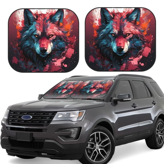 Naloa Red Flame Wolf Head Print 2-Piece Windshield Sunshade,Foldable Car Front Window Sun Shades,for Most Sedans SUV Truck-Small