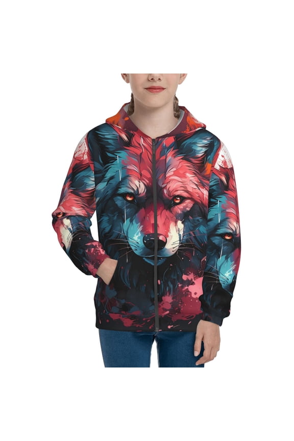 Red Flame Wolf Head Teenage Zipper Hoodie, Long Sleeve Zip Up Hoodies Casual Jackets Tops for 7-12 Years-Medium