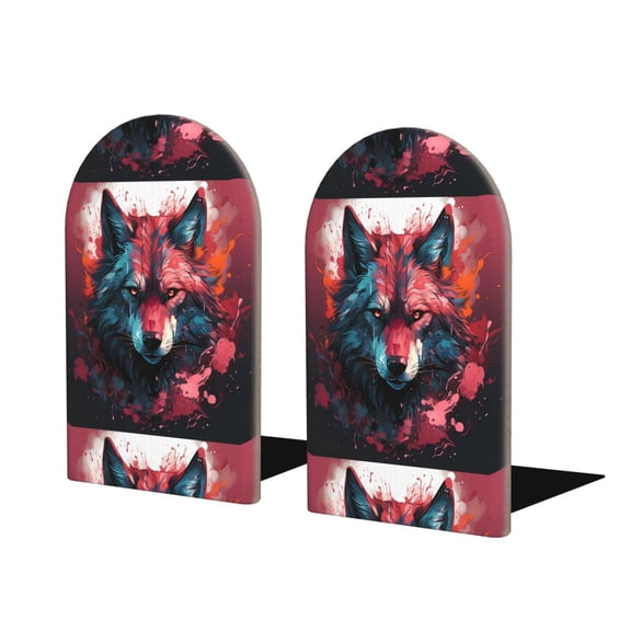 Naloa Red Flame Wolf Head Wood Non-Skid Bookend for Shelves,Book Ends for Heavy Books, Book Stand for CDs,1 Pair