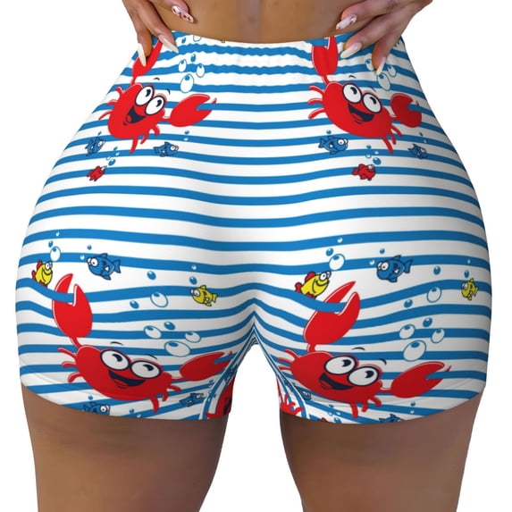 Naloa Red Funny Crab on Blue Stripe Biker Shorts for Women Seamless Scrunch Short Women’s Yoga Shorts for Gym Running Sport Shorts - XX-Large