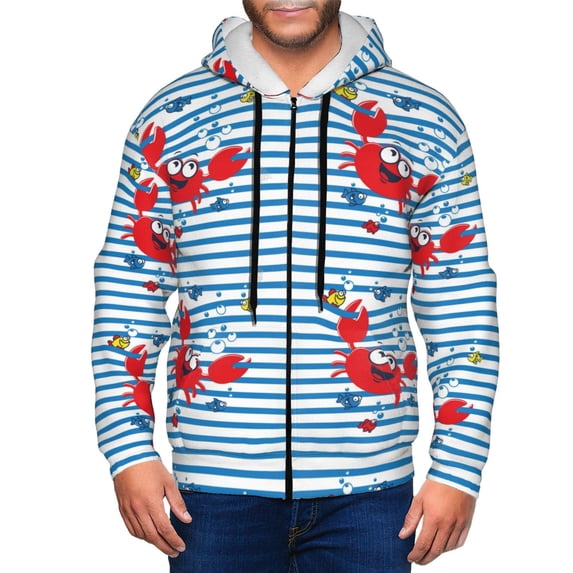 Naloa Red Funny Crab on Blue Stripe Men’s Hoodies, Zip up Hoodie, Sweatshirts,Hoodies for Men Sizes S-3XL-XX-Large