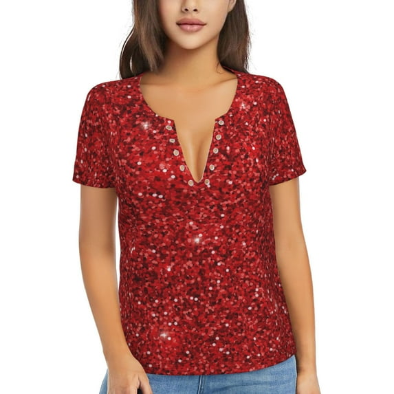 Naloa Red Glitter Print T-Shirts Short Sleeve V Neck Tees for Women Fashion Tops Trendy Lightweight Soft Casual Summer Outfits Clothes