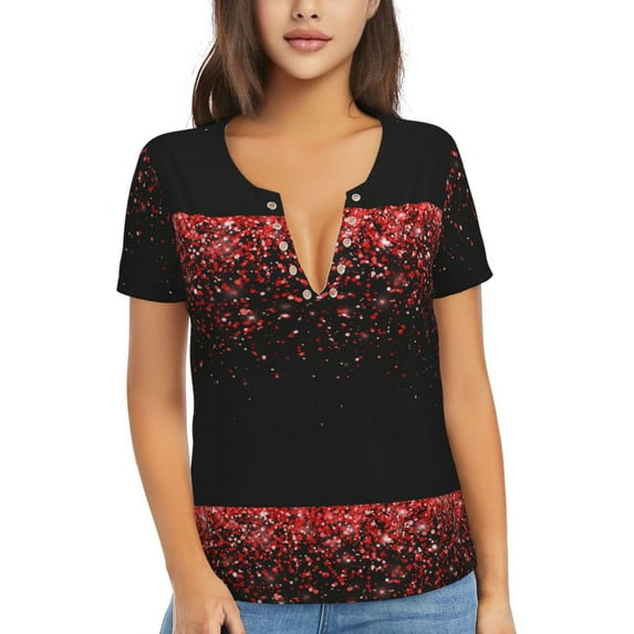 Naloa Red Glitter1 Print T-Shirts Short Sleeve V Neck Tees for Women Fashion Tops Trendy Lightweight Soft Casual Summer Outfits Clothes