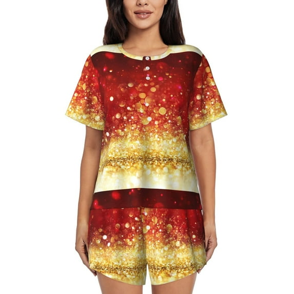 Naloa Red Gold Glitter Women's Short-Sleeved Pajama Set, Loungewear, Summer pajamas, Breathable Cozy - Large