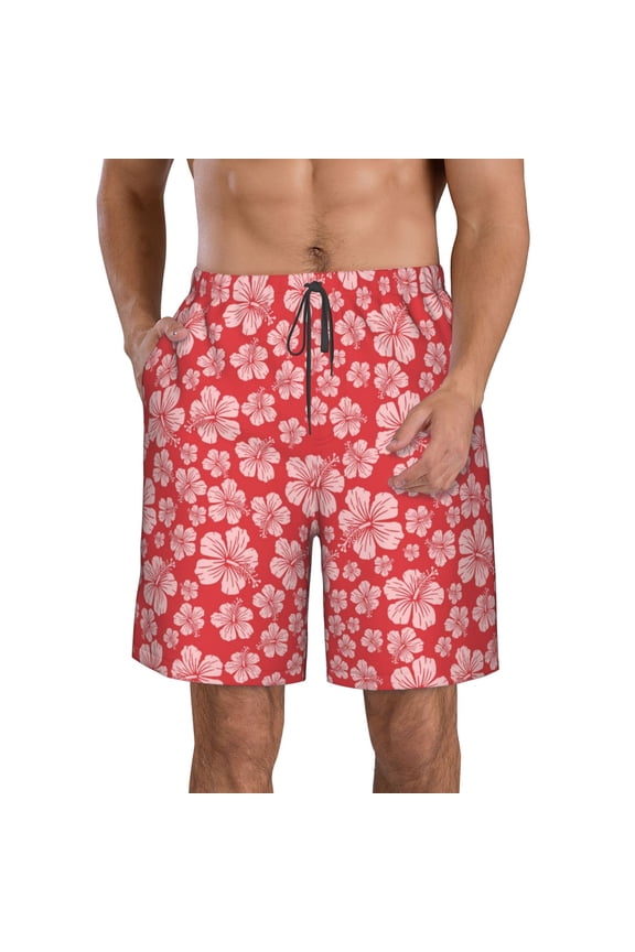 Red Hibiscus Flower Men's Beach Shorts, Surfing shorts, Swim trunks, Quick Dry Swim Trunks for Surfing Beach Fun - 3X-Large