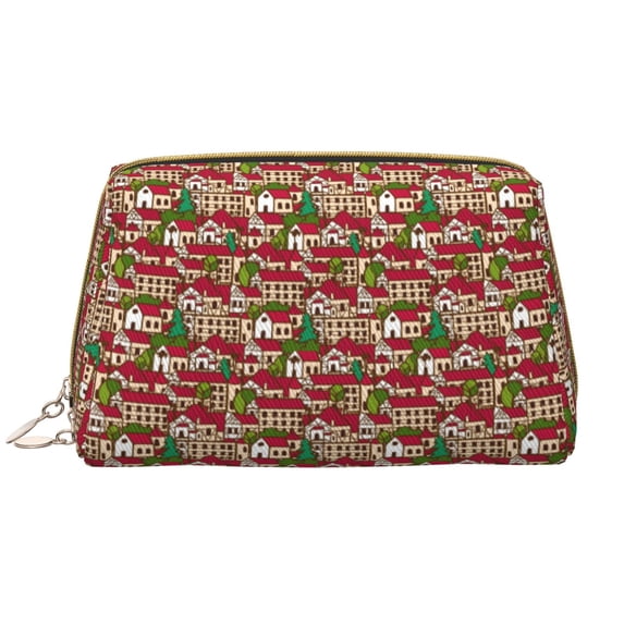 Naloa Red Houses Leather Makeup Bag for Purse Travel, Portable Small Cosmetic Organizer for Women and Girls, Make up Bag with Zipper