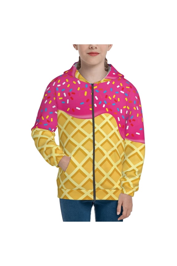 Red Ice Cream Teenage Zipper Hoodie, Long Sleeve Zip Up Hoodies Casual Jackets Tops for 7-12 Years-Small