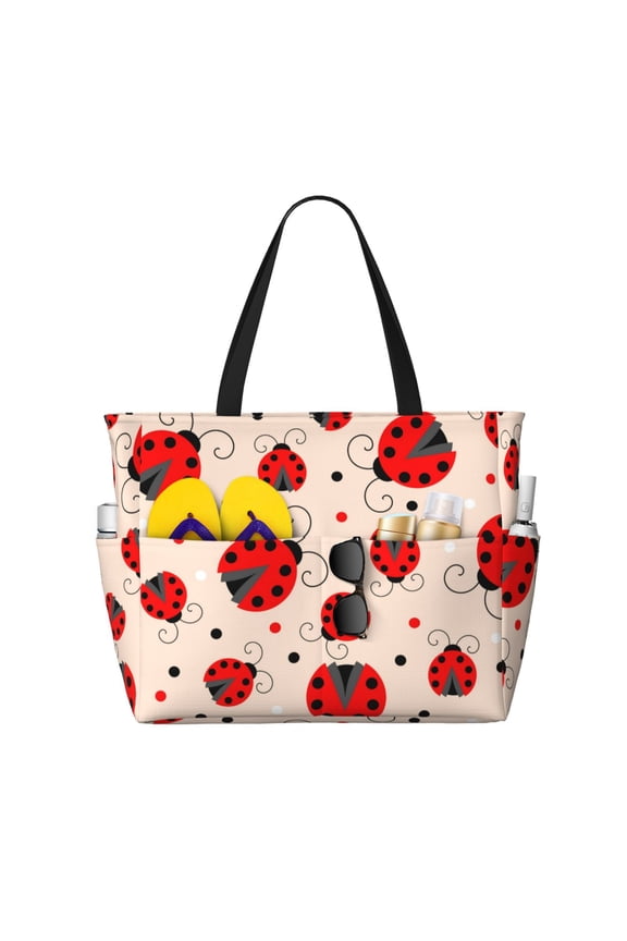 Red Ladybug Large Capacity Beach Bag, Waterproof Sandproof Beach Swim Pool Bag Tote Bag for Women