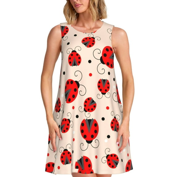 Naloa Red Ladybug Print Women's Summer Spring Casual Beach Sundress,Vacation Sleeveless Tank Crewneck Loose Dresses