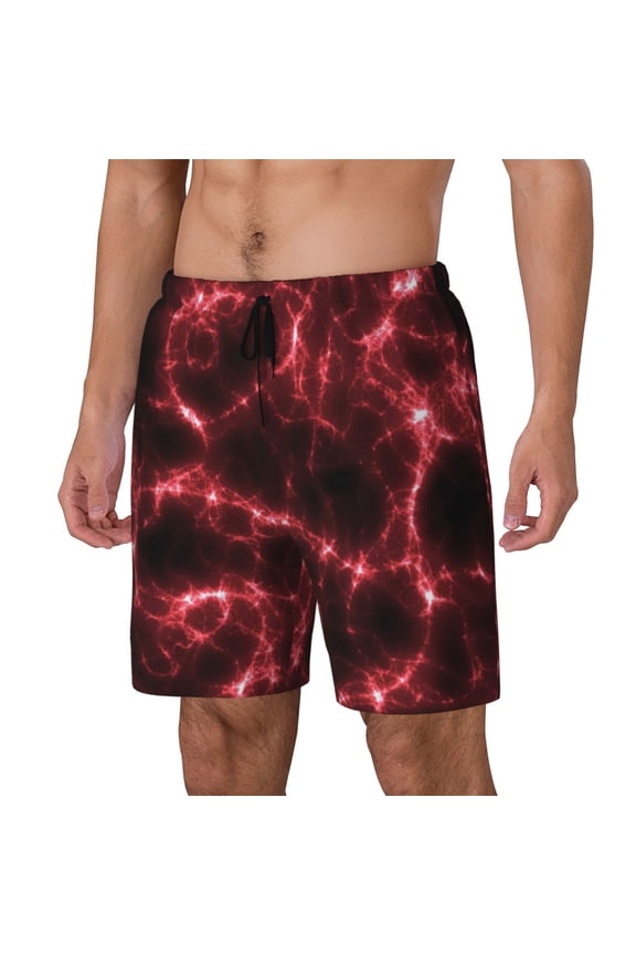 Red Line Print Men Swim Trunks with Compression Liner ,Board Shorts,Men's Swim Shorts with Drawstring and Elastic Waistband-Large