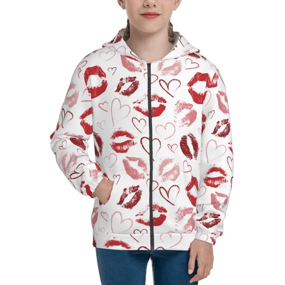 Naloa Red Lips Teenage Zipper Hoodie, Long Sleeve Zip Up Hoodies Casual Jackets Tops for 7-12 Years-Medium