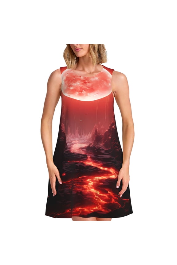 Red Moon Lava Print Women's Summer Spring Casual Beach Sundress,Vacation Sleeveless Tank Crewneck Loose Dresses