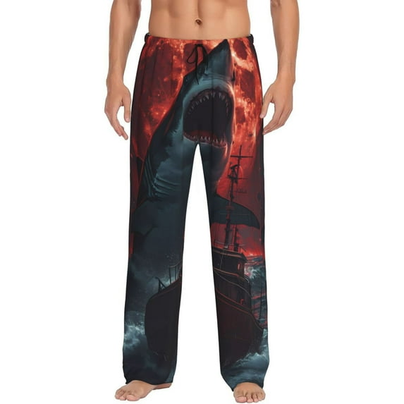 Naloa Red Moon Shark Sailboat Pajama Pants Men, PJ Bottoms, Sleep & Lounge Pants-XX-Large