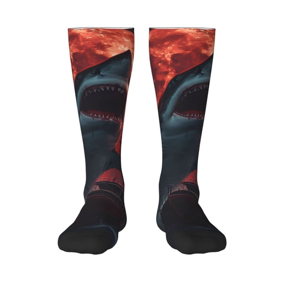 Naloa Red Moon Shark Sailboat Thigh High Socks Extra Long Stretchy Sock Women Over Knee High Opaque Stocking Daily Wear