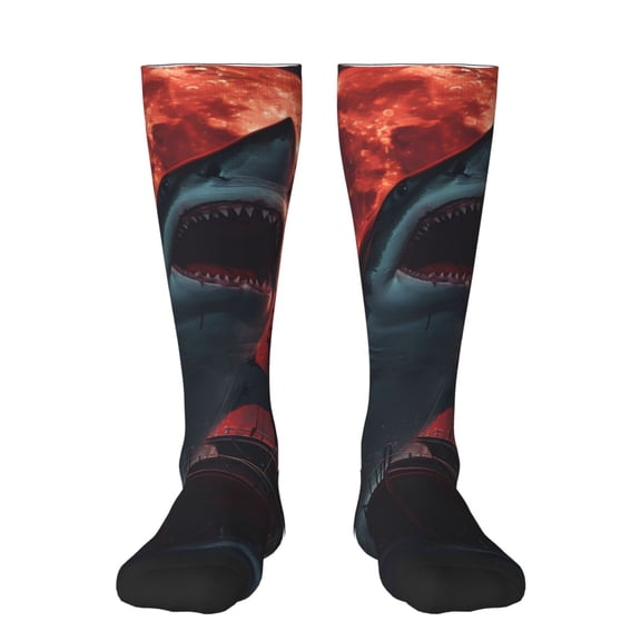 Naloa Red Moon Shark Sailboat Thigh High Socks Extra Long Stretchy Sock Women Over Knee High Opaque Stocking Daily Wear