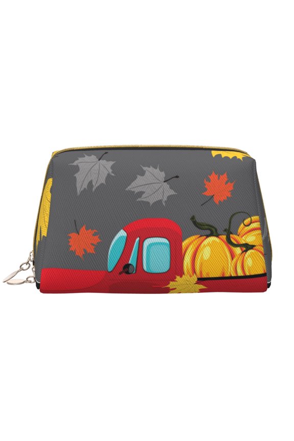 Red Pickup Truck With Pumpkins Leather Makeup Bag for Purse Travel, Portable Small Cosmetic Organizer for Women and Girls, Make up Bag with Zipper