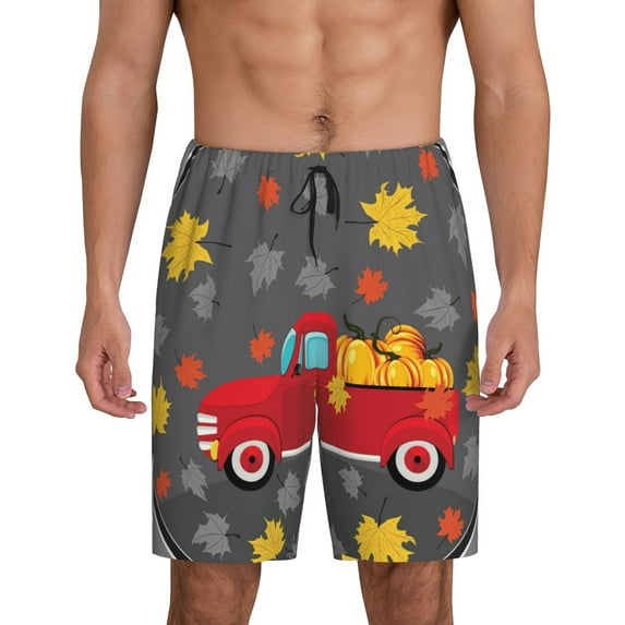 Naloa Red Pickup Truck With Pumpkins Men's Short Pajama Pants, Pj Shorts, Lounge Comfort Shorts-4X-Large