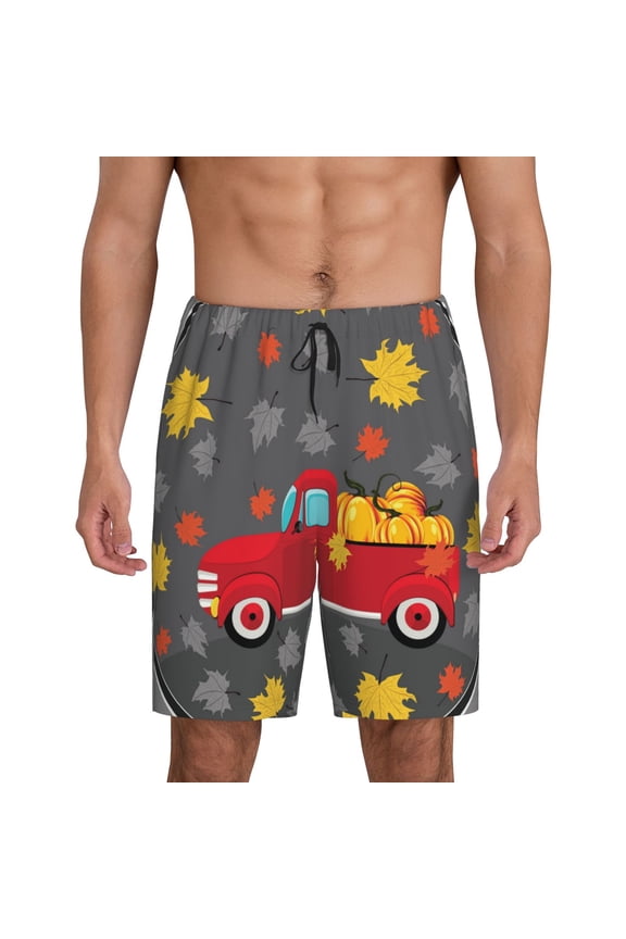 Red Pickup Truck With Pumpkins Men's Short Pajama Pants, Pj Shorts, Lounge Comfort Shorts-