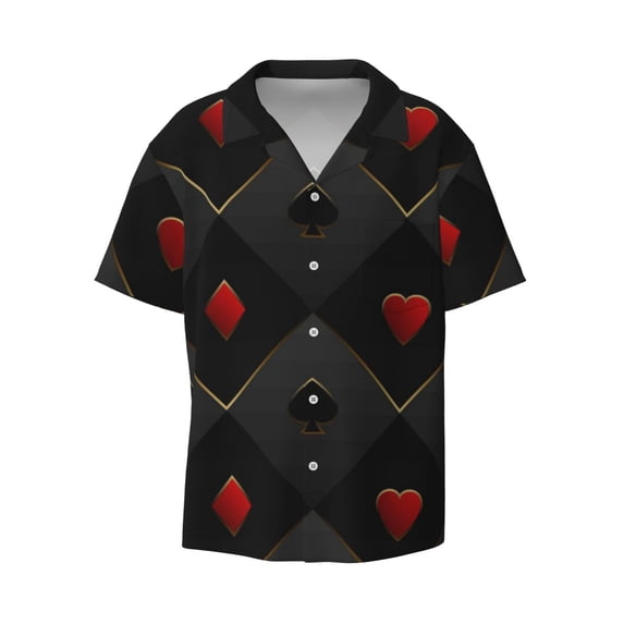 Naloa Red Poker Men's Loose Fit Cuban Collar Short-Sleeve Shirt with Button-down and Chest Pocket for Everyday Wear Outings - 3X-Large