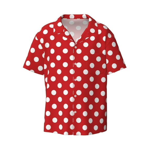 Naloa Red Polka Dot Men's Loose Fit Cuban Collar Short-Sleeve Shirt with Button-down and Chest Pocket for Everyday Wear Outings - 4X-Large